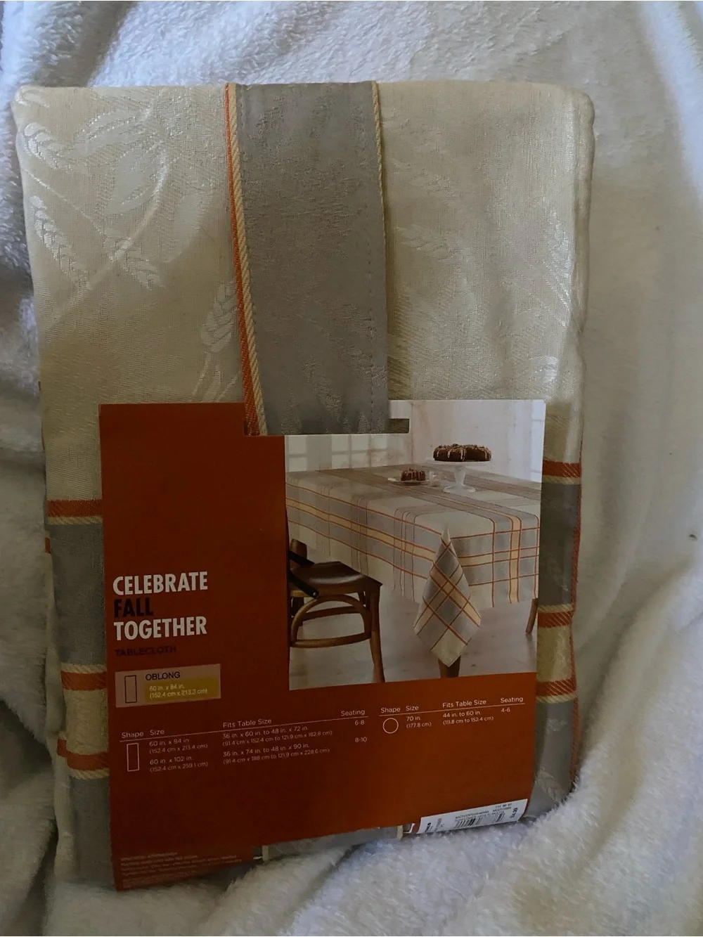 Kohl's Beige Tablecloth with Orange and Gray Plaid Trim